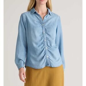 Quince Chambray Tencel Shirred Ruched Long Sleeve Button Down Shirt Blue Small
